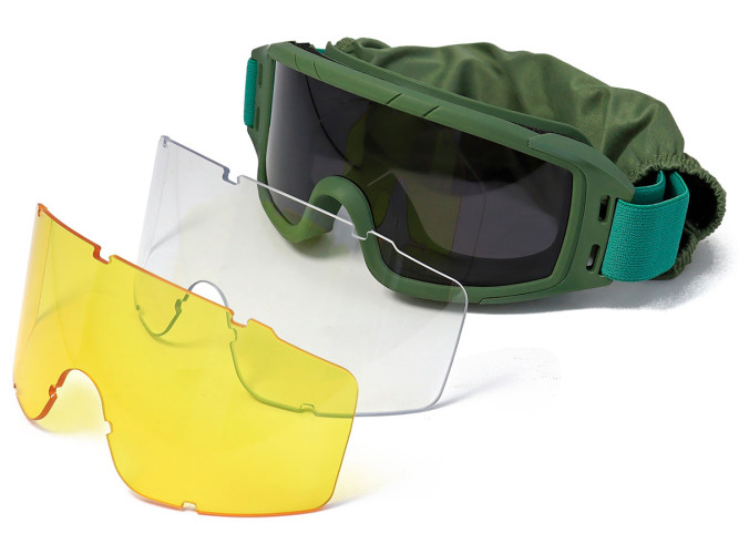 Очки-маска баллистические тактические ShotTime Puma, защитная, оправа зелёная, линза: прозрачная, желтая, серая, чехол
