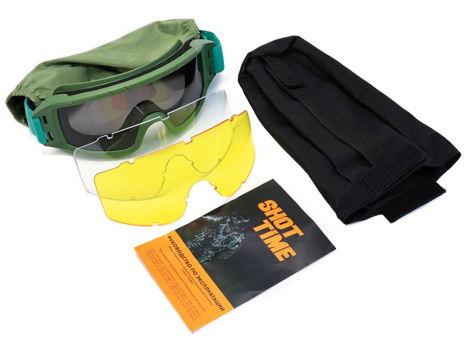 Очки-маска баллистические тактические ShotTime Puma, защитная, оправа зелёная, линза: прозрачная, желтая, серая, чехол