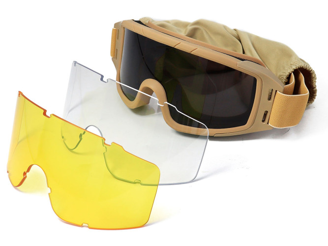 Очки-маска баллистические тактические ShotTime Puma, защитная, оправа хаки, линза: прозрачная, желтая, серая, чехол
