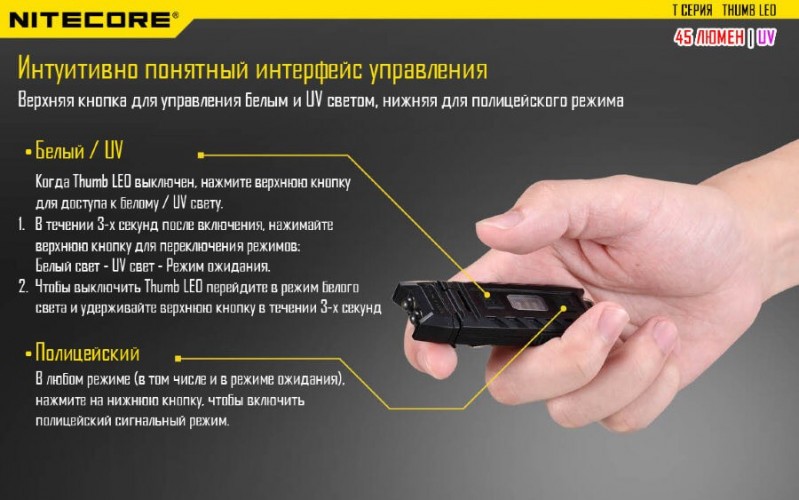 Фонарь-брелок Nitecore THUMB Leo 17118 Cвет - Холодный / UV | 45 lm 365 нм 26 м