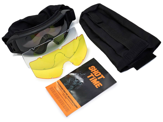 Очки-маска баллистические тактические ShotTime Puma, защитная, оправа чёрная, линза: прозрачная, желтая, серая, чехол