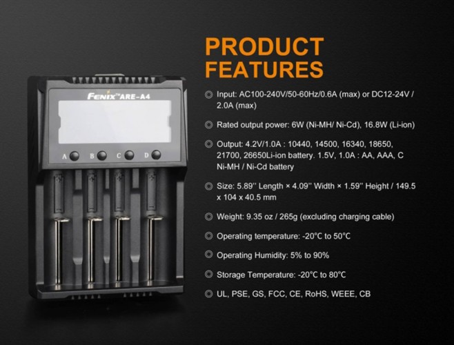 Зарядное устройство Fenix ARE-А4 на 4 канала с LCD дисплеем