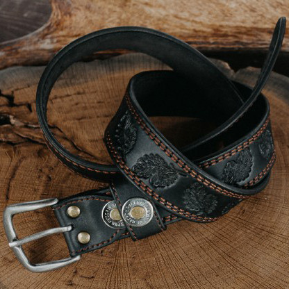 Ремень брючный Пергама Дубовые листья из натуральной кожи Чёрный