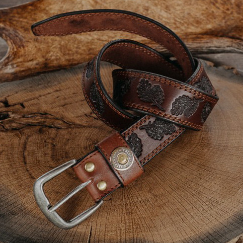Ремень брючный Пергама Дубовые листья из натуральной кожи Коричневый