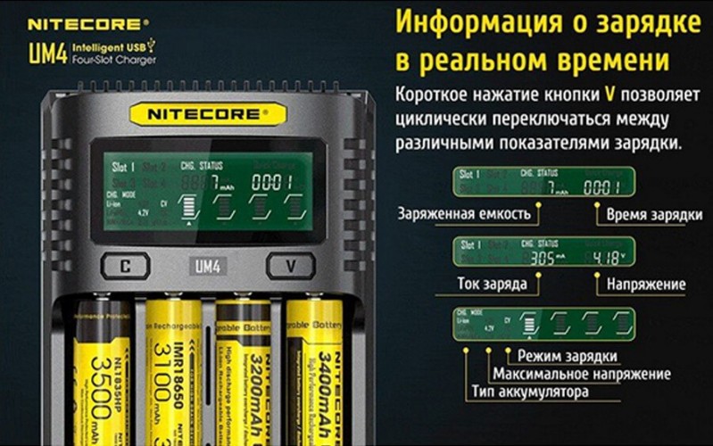 Зарядное устройство Nitecore UM4 на 4 канала с LCD дисплеем