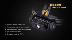 Фонарь налобный Fenix HL60R Свет - Белый (Нейтральный) 950 lm 116 м Черный