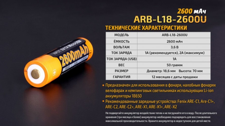 Аккумулятор Fenix ARB-L18U Тип 18650 3.6V 2600 мАч с Micro-USB